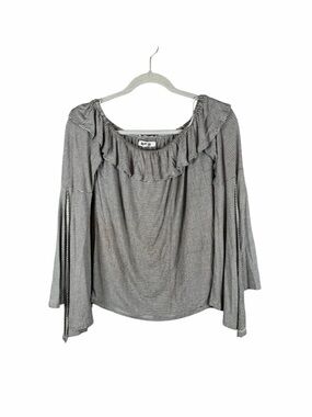 BB Dakota Black White Stripe Ruffle Bell Sleeve Blouse Size Medium